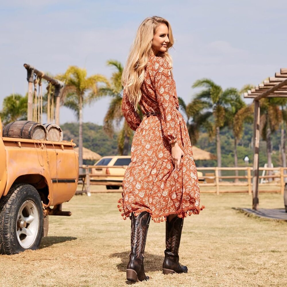 Women's Dark Brown Knee High Cowgirl Embroidered Chunky Heels Pointed Toe Boots - Picture 6 of 6
